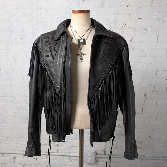 Vintage Jackets & Blazers - Vintage Black Leather Biker Fringe Jacket Moto Western Velvet Goth Coat Large